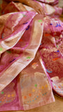 Close-up detail of Munga Silk Banarasi saree showing intricate Kalash Meenakari motifs and gold zari border.