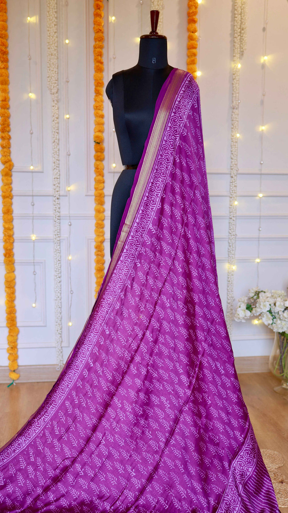 Magenta Maheshwari Silk Saree with Hand-Printed Leaf Motifs & Zari Border