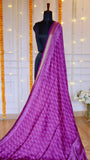 Magenta Maheshwari Silk Saree with Hand-Printed Leaf Motifs & Zari Border