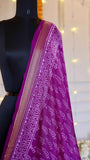 Magenta Maheshwari Silk Saree with Hand-Printed Leaf Motifs & Zari Border