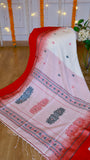 Detailed view of the intricate pallu woven motifs and hand-tied white fringes on off-white and red cotton Bomkai saree