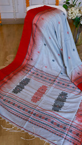 Off-White and Crimson Red Cotton Bomkai Saree with Extra-Weft Woven Pallu