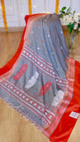 Grey and red handwoven cotton Bomkai saree with blouse piece showing pallu weave and floral details