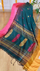 Handwoven Peacock Green & Pink Cotton Bomkai Saree with Zari Pallu