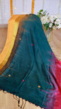 Body drape view of Peacock Green Cotton Bomkai Saree highlighting small pink and gold woven motifs and golden yellow blouse contrast.