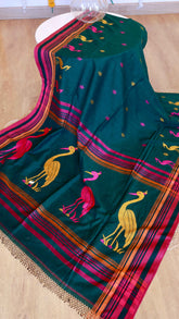 Bottle Green Handwoven Khadi Cotton Saree with Magenta Crane Motifs & Running Blouse Piece