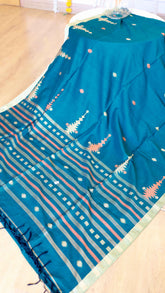 Teal Blue Handwoven Khadi Cotton Saree with Peach Extra-Weft Tribal Motifs & Zari Border