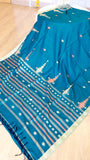 Teal Blue Handwoven Khadi Cotton Saree with Peach Extra-Weft Tribal Motifs & Zari Border