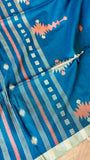 Teal Blue Handwoven Khadi Cotton Saree with Peach Extra-Weft Tribal Motifs & Zari Border