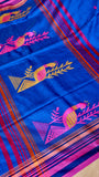 Royal Blue Handwoven Khadi Cotton Saree with Peacock Motifs & Magenta Border