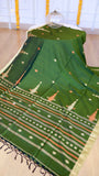 Forest Green Handwoven Khadi Cotton Saree with Rust Orange & Beige Temple Motifs (Includes Blouse Piece)