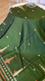 Forest Green Handwoven Khadi Cotton Saree with Rust Orange & Beige Temple Motifs (Includes Blouse Piece)