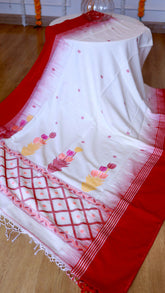 Pristine Off-White & Crimson Handwoven Khadi Cotton Saree with Floral Jamdani Weave & Matching Blouse Piece