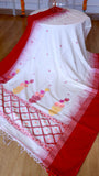 Pristine Off-White & Crimson Handwoven Khadi Cotton Saree with Floral Jamdani Weave & Matching Blouse Piece