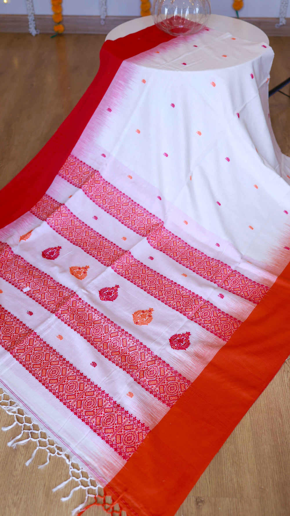 Pure White Handwoven Khadi Cotton Saree with Festive Red & Orange Buttas