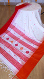 Pure White Handwoven Khadi Cotton Saree with Festive Red & Orange Buttas
