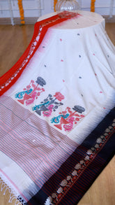 Handwoven Off-White Khadi Cotton Saree with Red Border, Navy Temple Contrast & Peacock Motifs