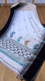 Off-White & Black Handwoven Khadi Cotton Saree with Turquoise Floral Motifs & Geometric Pallu