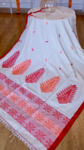 High-angle overview of Off White Khadi Cotton Saree featuring red extra-weft paisley pallu work and red woven border.