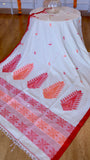 High-angle overview of Off White Khadi Cotton Saree featuring red extra-weft paisley pallu work and red woven border.