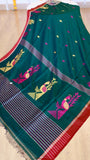 Bottle Green Handwoven Khadi Cotton Saree with Traditional Peacock Jamdani Weave (Includes Blouse Piece)