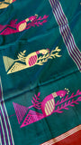 Bottle Green Handwoven Khadi Cotton Saree with Traditional Peacock Jamdani Weave (Includes Blouse Piece)