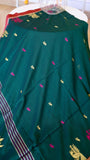 Bottle Green Handwoven Khadi Cotton Saree with Traditional Peacock Jamdani Weave (Includes Blouse Piece)
