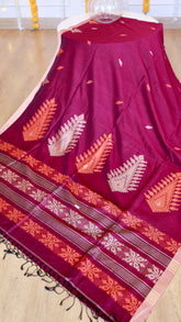 Overall view of the Handwoven Wine Maroon Khadi Cotton Saree showcasing the detailed geometric pallu and woven paisley motifs.