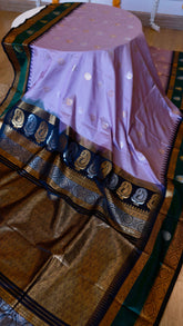 Lilac Checks Semi Gadwal Saree with Navy Blue & Emerald Green Zari Border