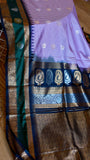 Lilac Checks Semi Gadwal Saree with Navy Blue & Emerald Green Zari Border