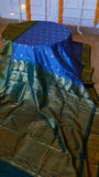 Royal Blue and Peacock Green Semi Gadwal Silk Saree with Zari Mango Motif Border & Blouse Piece