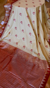 Off-White and Crimson Red Semi Gadwal Silk Saree with zari Temple Border and Elephant Motifs