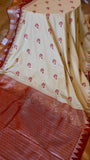 Off-White and Crimson Red Semi Gadwal Silk Saree with zari Temple Border and Elephant Motifs