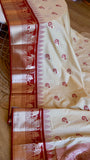 Off-White and Crimson Red Semi Gadwal Silk Saree with zari Temple Border and Elephant Motifs