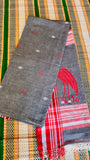 Crimson Heron: Hand-Woven Charcoal Grey Bengal Khadi Jamdani