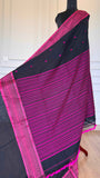 Jet Black Handloom Cotton Saree with Rani Pink Naga-Inspired Thread Work