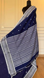 Indigo Handloom Cotton Saree with Traditional White Thread Work