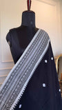 Black Handloom Cotton Saree with Intricate White Thread Work | TITAFU