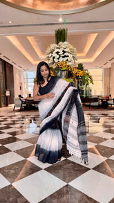 Dhonekhali Handloom Cotton Saree in Monochromatic Ikkat Print - TITAFU