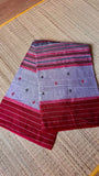Authentic Grey & Red Dhonekhali Cotton Saree with Traditional Thread Work