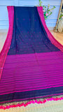 Jet Black Handloom Cotton Saree with Rani Pink Naga-Inspired Thread Work
