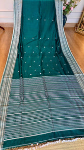 Deep Emerald Handloom Cotton Saree with Intricate White Thread Work