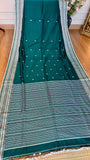 Deep Emerald Handloom Cotton Saree with Intricate White Thread Work