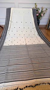 Handloom Cotton Saree with Black Geometric Thread Work – Cream | TITAFU