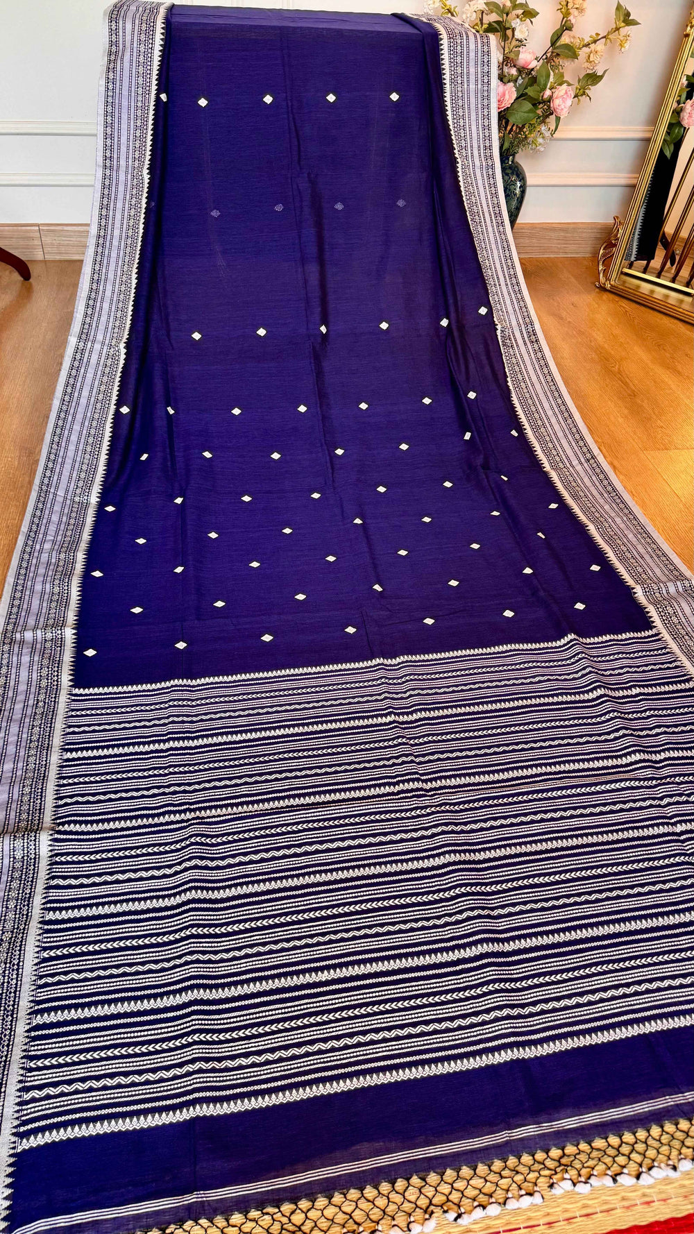 Indigo Handloom Cotton Saree with Traditional White Thread Work