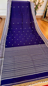 Indigo Handloom Cotton Saree with Traditional White Thread Work