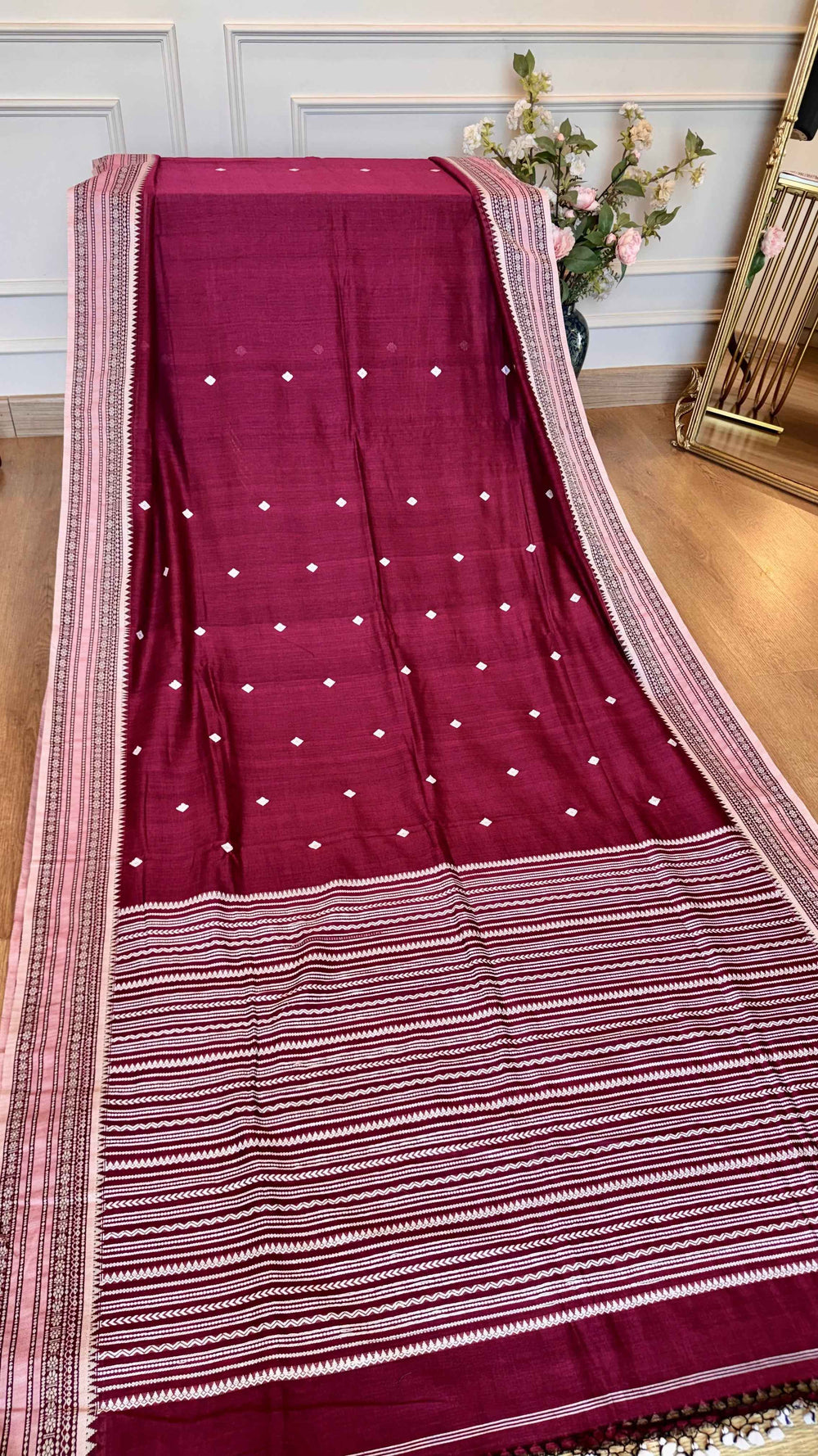 Handloom Cotton Saree with Thread Work in Deep Magenta/Wine | TITAFU