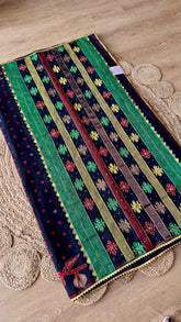 Midnight Black Kardana Jamdani Saree with Crimson Polka Dots & Multicolor Pallu