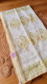 Off-White Kardana Jamdani Saree with Pastels and Handcrafted Beadwork