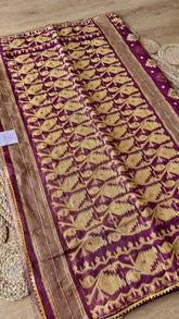 Deep Wine Purple Kardana Jamdani Saree with Gold Zari & Cut-Pipe Work